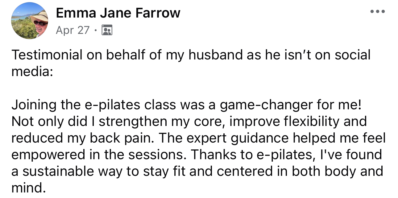 Emma-F.-Testimonial-from-her-husband ePilates Core Fit Club